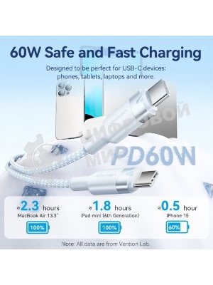 Кабель Vention USB 2.0 CM/CM - 1м. белый 3А PD60W