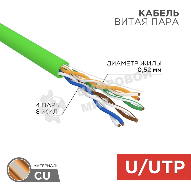 Кабель витая пара Rexant U/UTP, cat.5e, нг(А)-LSLTx, 4х2х0,52мм, 24AWG, INDOOR, SOLID, зеленый, 305м