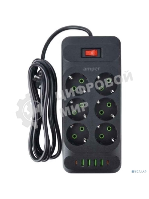 Сетевой удлинитель Amper 4,0 м, 6 розеток, 10А, 2500 Вт, 4 usb,2Type-C, черный.