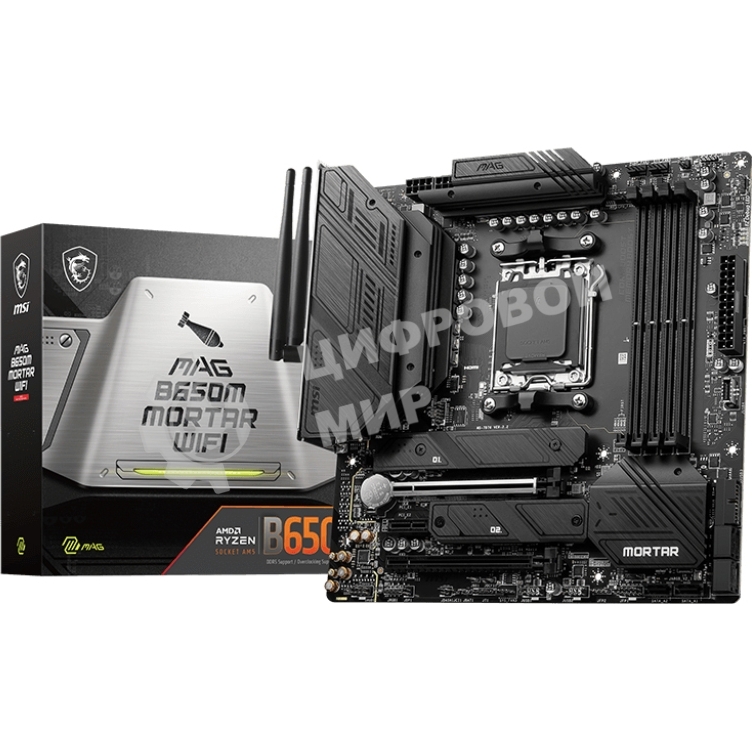 Материнская плата MSI MAG B650M MORTAR WIFI, AM5, AMD B650, 4xDDR5, 6xSATA, 2xM.2, 1xPCI-E 4.0 x16, 1xPCI-E 4.0 x4, 1xHDMI, 1xDP, 1x2.5Gb LAN, 3xUSB 3.2 Gen 2, 4xUSB 3.2 Gen 1, 1xUSB-C 3.2 Gen 2x2, 5x3.5мм аудио, 7.1, Micro-ATX