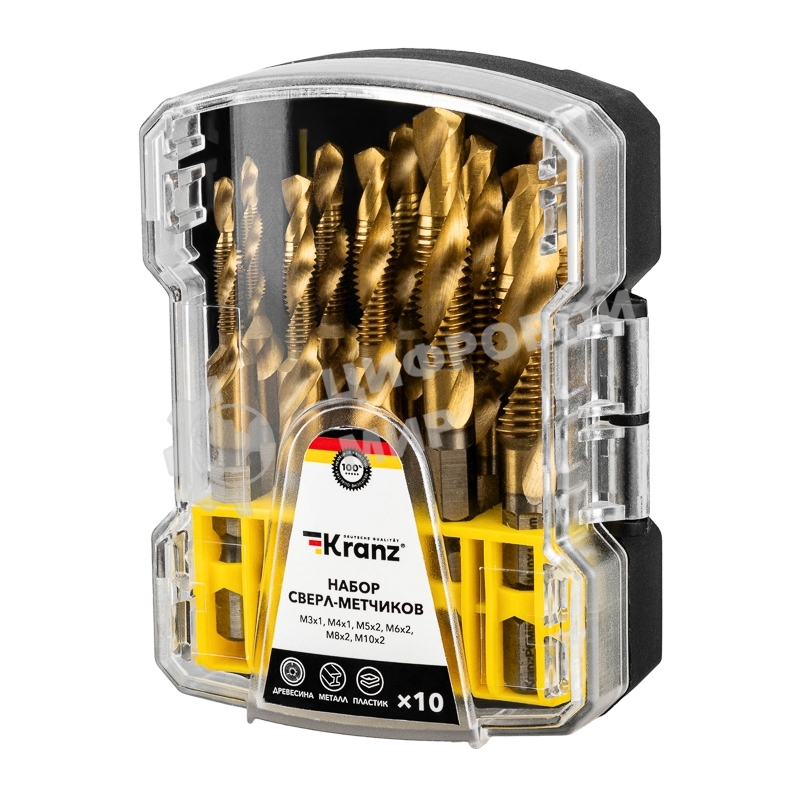 Набор сверл-метчиков (M3x1, M4x1, M5x2, M6x2, M8x2, M10x2) Р6М5, ТИТАН, 10 шт. KRANZ