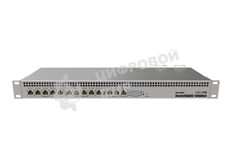 Маршрутизатор MikroTik RouterBOARD 1100Dx4 with Annapurna Alpine AL21400 Cortex A15 CPU (4-cores, 1.4GHz per core), 1Gb RAM, 13xGbit LAN, 60Gb M.2 drive, RouterOS L6, 1U rackmount case, Dual PSU
