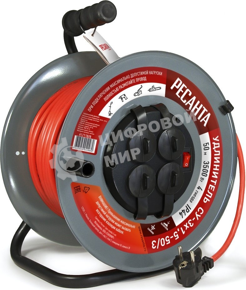 Удлинитель силовой Ресанта СУ-3х1,5-50/3 (61/118/8) 2x1.0кв.мм 4розет. 40м ПВС катушка серый