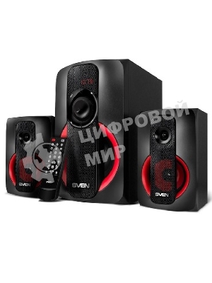 Колонки SVEN AC MS -304, черный Акустическая система, беспроводная передача сигнала по Bluetooth, суммарная мощность (RMS), Вт - 40, выходная мощность (RMS), Вт - сабвуфер: 20, сателлиты: 20 (2 х10), частотный диапазон, Гц - сабвуфер: 40 – 150, сателлиты: 150 – 20 000, размеры динамиков, мм - сабвуфер: O 128, воспроизведение с USB flash и SD card памяти, встроенное FM-радио, LED-дисплей, пульт ДУ, материал корпуса сабвуфера и сателлитов – дерево (MDF).
