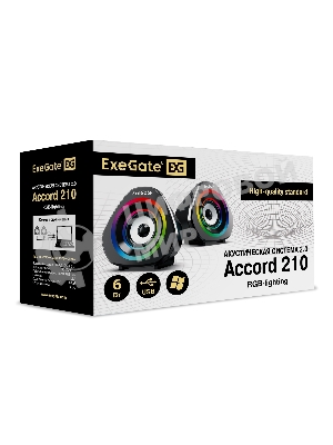 Акустическая система 2.0 ExeGate EX289680RUS Accord 210 (питание USB, 2х3Вт (6Вт RMS), 60-20000Гц, черный, RGb подсветка)