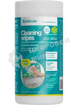 Чистящие салфетки Defender для экранов всех типов/нетканый материал/антистатик/туба/100 шт/Россия.