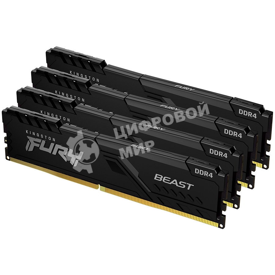 Оперативная память Kingston Fury Beast, DDR4, 64GB (4x16GB), 3200MHz, CL16, DIMM, радиатор, черный