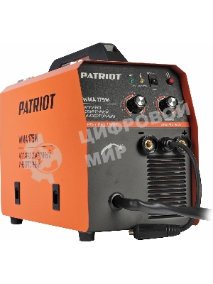 Полуавтомат сварочный инверторный PATRIOT WMA 175M MIG/MAG/MMA, полуавтоматическая сварка в среде газа (MIG/MAG) стальной и флюсовой проволокой 0.6/0.8 мм, сварка электродом (MMA) до 4мм, сварочный ток в режиме MIG: 40-170А; сварочный ток в режиме MMA: 40-170А; ПВ при макс. токе: 60%