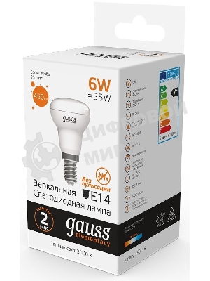 Лампа светодиодная Gauss Elementary 63116 6Вт цок.: E14 рефлек. 220B 3000K св. свеч. бел. теп. (упак.: 10 шт)