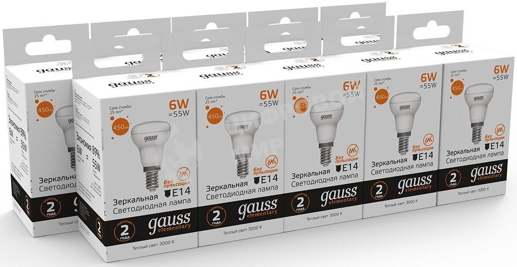 Лампа светодиодная Gauss Elementary 63116 6Вт цок.: E14 рефлек. 220B 3000K св. свеч. бел. теп. (упак.: 10 шт)