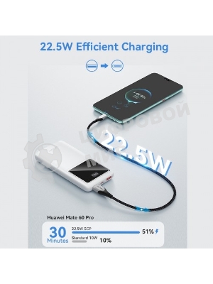 Портативный аккумулятор Vention 10000mAh(M/C-A/A)22.5W белый с LED Дисплеем