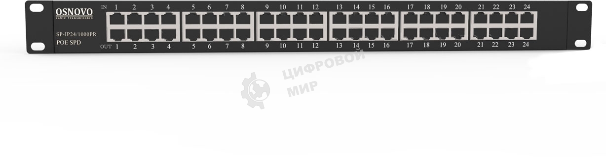 Грозозащита OSNOVO 1U устройство грозозащиты для ЛВС на 24 порта (скорость до 1000 Мб/с) с защитой линий PoE (af/at, методы A + B, контакты 1/2, 3/6, 4/5, 7/8)
