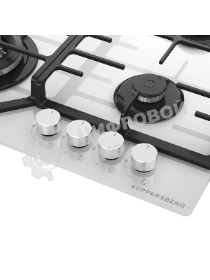 Варочная панель Kuppersberg FG 66 W газ, High-Tech, 59 см, автоматический электроподжиг, газ-контроль, форсунки под сжиженый газ, SABAF конфорки, чугунные решетки, цвет белый, цвет фурнитуры белый