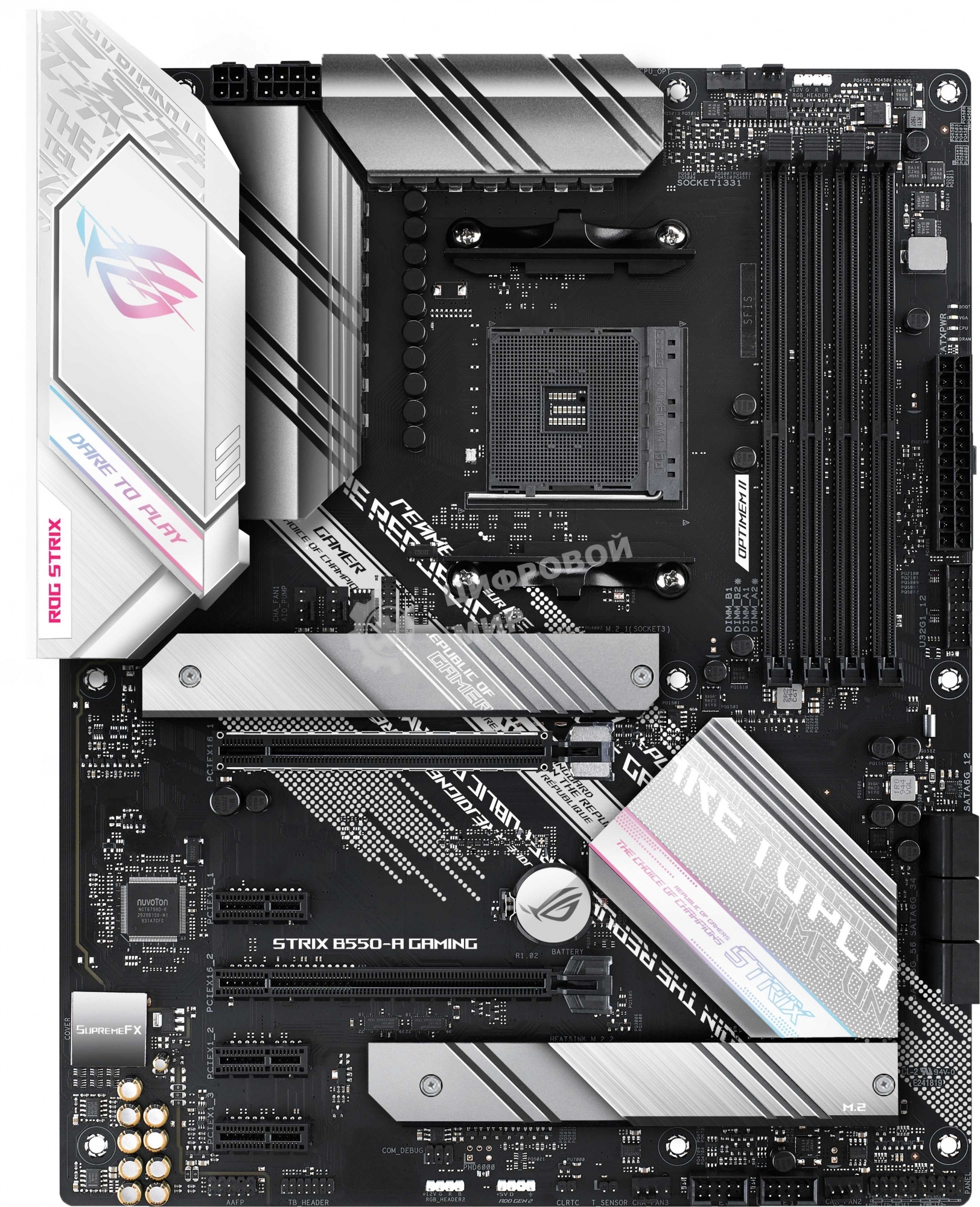 Материнская плата ASUS ROG STRIX B550-A GAMING, AM4, AMD B550, 4xDDR4, 6xSATA, 2xM.2, 1xPCI-E 4.0 x16, 1xPCI-E 3.0 x16, 3xPCI-E x1, 1xHDMI, 1xDP, 1x 2.5Gb LAN, 4xUSB 3.2 Gen 1, 1xUSB 3.2 Gen 2, 1xUSB-C 3.2 Gen 2, 5x3.5 мм, 7.1, ATX