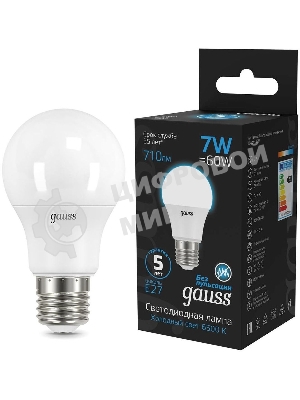 Лампа светодиодная Gauss 102502307 7Вт цок.: E27 груша 220B 6500K св. свеч. бел. хол. (упак.: 10 шт)
