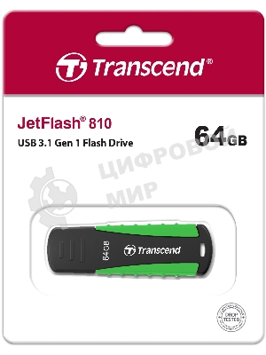 Флешка USB Transcend JetFlash 810 (TS64GJF810), 64Gb, USB 3.0, R/W 100/40, черный/зеленый