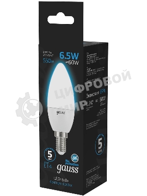 Лампа светодиодная Gauss 103101307 6.5Вт цок.:E14 свеча 220B 6500K св.свеч.бел.хол. (упак.:10шт)