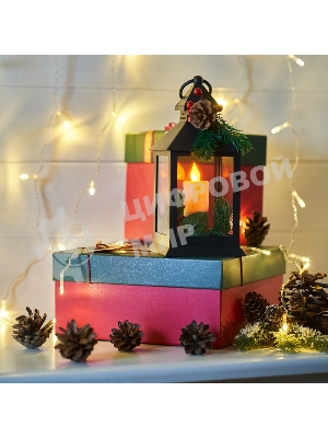 Декоративный фонарь Neon-night со свечкой и шишкой, черный корпус, размер 10,7x10,7x23,5 см, цвет теплый белый