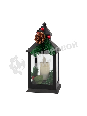 Декоративный фонарь Neon-night со свечкой и шишкой, черный корпус, размер 10,7x10,7x23,5 см, цвет теплый белый