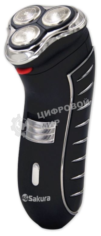 Электробритва Sakura SA-5414BK черный(Бритва электрическая, сухое бритье, работа от аккумулятора. 3 бреющие головки. Прорезиненная поверхность. Индикатор заряда батарейки. Защитная крышка. Щеточка для очистки.)