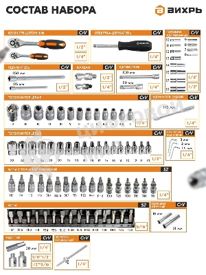 Набор инструментов 1/2дюйм; 1/4дюйм CrV пластик. кейс (94 предм.) Вихрь 73/6/7/5