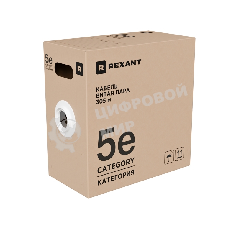 Кабель витая пара Rexant U/UTP, cat.5e, ZH нг(А)-HF, 4PR, 24AWG, INDOOR, SOLID, серый, 305м, серия LIGHT