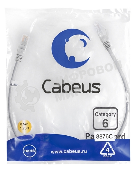 Шнур комм. Cabeus, кат. 6, неэкр., U/UTP, RJ45/RJ45, LSZH, AWG24, 0.5м, серый