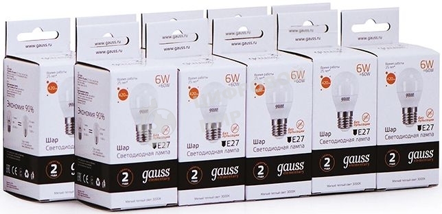 Лампа светодиодная Gauss Elementary 6Вт цок.:E27 шар 220B 3000K св.свеч.бел.теп. (упак.:10шт) (53216)