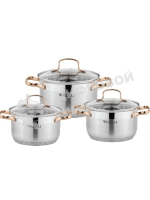 Набор посуды Kelli KL-4214 6 пред.(Кастрюля с жаропрочной стекл. крышкой 2.1 л. Кастрюля с жаропрочной стекл. крышкой 3 л. Кастрюля с жаропрочной стекл. крышкой 4 л. Мерная шкала внутри. Высококачественная нержавеющая сталь 18/10. 5-ти слойное капсульное дно.)