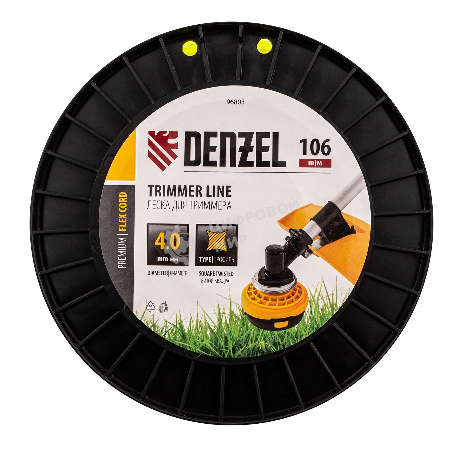 Леска для триммера Denzel витой квадрат, 4,0мм х 106м, на DIN катушке FLEX CORD