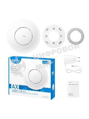Точка доступа AX3000 Dual Band Ceiling Mount Wi-Fi 6 Access Point, Chipset MT7981, 802.11ax/ac/a/b/g/n, 2402Mbps at 5GHz + 574Mbps at 2.4GHz, 1 x 2.5G RJ45 Port, MU-MIMO, Support 12V DC or 802.3at PoE or Passive PoE, Internal Antennas, 48V passive PoE adapter included, Cudy Mesh Support