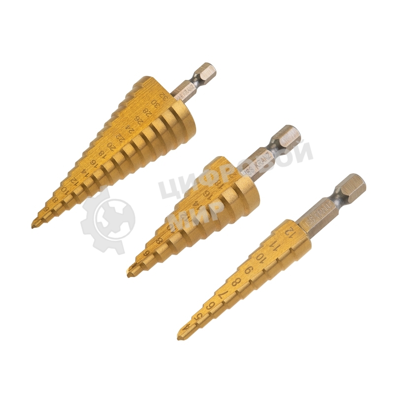 Набор ступенчатых сверл Kranz 4-12,4-20,4-32мм, HSS-TiN, ТИТАН, 3 шт.