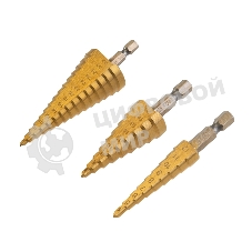 Набор ступенчатых сверл Kranz 4-12,4-20,4-32мм, HSS-TiN, ТИТАН, 3 шт.