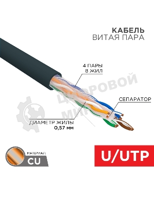 Кабель витая пара Rexant U/UTP, CAT 6, PE, 4PR, 23AWG, OUTDOOR, SOLID, черный, 305м
