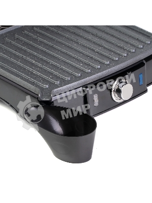 Гриль электрический Galaxy Line GL 2961, черный с серебристым, механическое управление, 2200 Вт, мраморное керамическое покрытие рабочей поверхности, корпус из нержавеющей стали, индикаторы сети и нагрева, регулятор температуры, лопатка и емкости для сбора жидкости