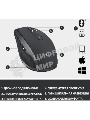 Мышь беспроводная Logitech MX Anywhere 2S графитовый, 4000 dpi, радиоканал, Bluetooth, USB, кнопки - 7