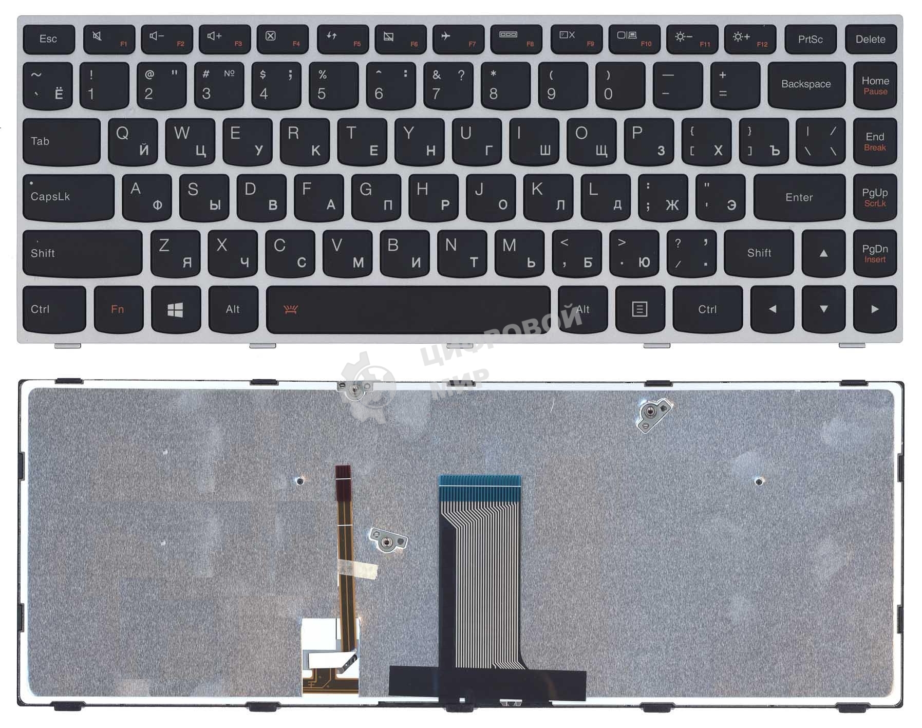 Клавиатура для ноутбука Lenovo Flex 2-14 G40-30 G40-70 черная с серебристой рамкой с подсветкой