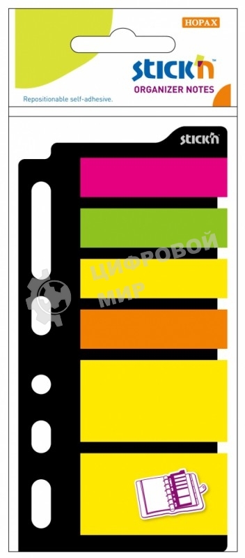 Закладки самоклеящиеся, индексы пластиковые Stick`n 21070 6 цветов в упаковке, 25 листов, для органайзера 25x45мм,+12x45мм, европодвес