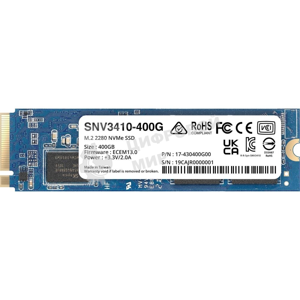 Накопитель SSD Synology SNV3000 Series PCIe 3.0 x4,M.2 2280, 400GB, R3000/W750 Mb/s, IOPS 225K/45K, MTBF 1,8M repl SNV3400-400G'