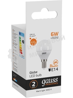 Лампа светодиодная Gauss Elementary 6Вт цок.: E14 шар 220B 3000K св. свеч. бел. теп. (упак.: 10 шт)