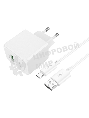 Зарядное устройство Hoco 18Вт, 3А, QC3.0, 1xUSB + кабель USB/Type-C, CS12A, белый, блистер