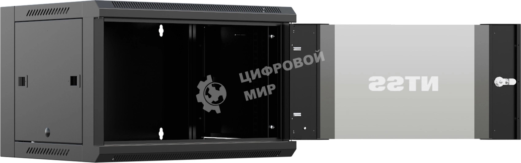 Шкаф коммутационный NTSS NTSS-W9U6045GS-BL настенный 9U 570x450мм пер.дв.стекл 60кг черный 350мм 20.1кг 220град. 370мм IP20 сталь