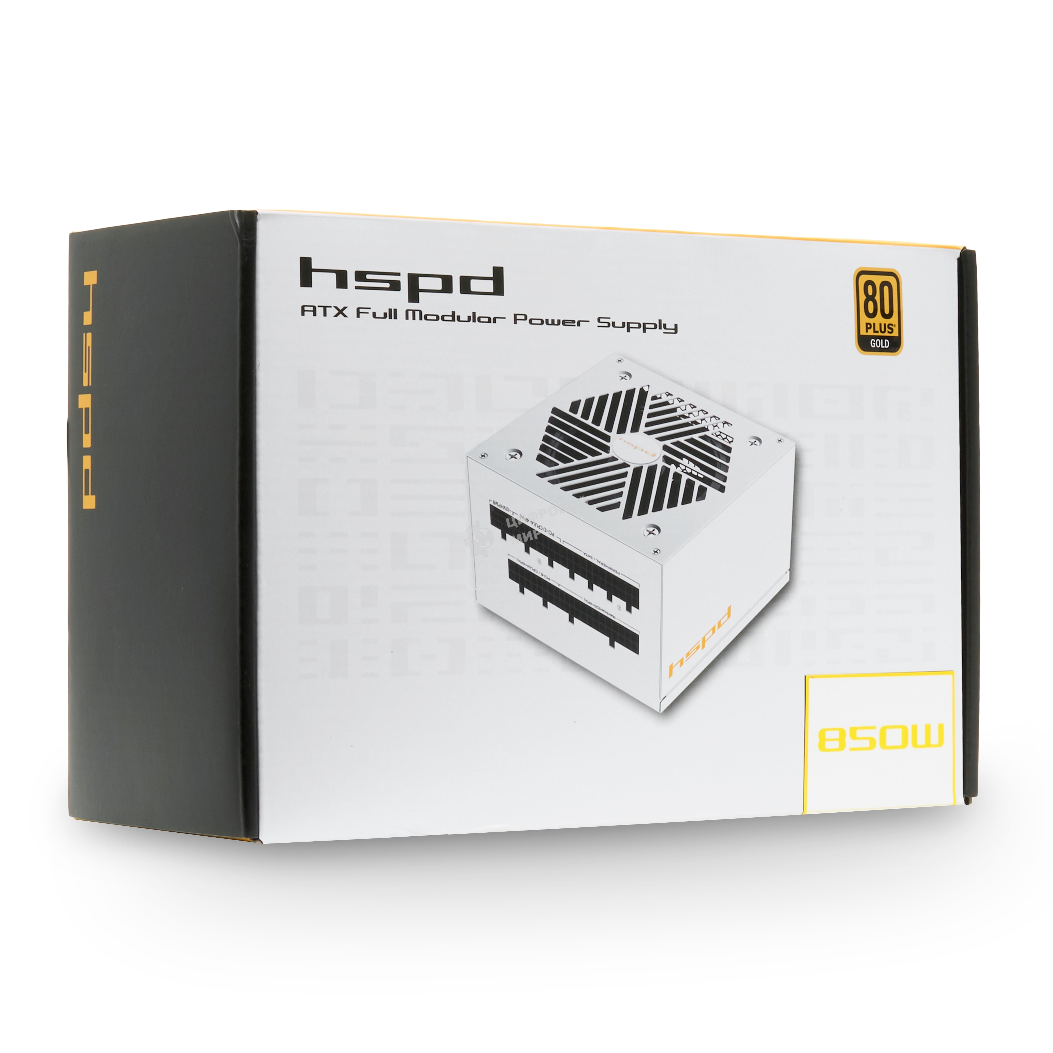 Блок питания HSPD, 850W 80 PLUS Gold (ATX, 3.1, PCIe 5.1, Full modular, 1x24(20+4)pin mesh 550мм, 2xCPU 8(4+4)pin 700мм, 2xPCIe*2 8(6+2)pin 600+150мм, 1x12VHPWR PCIe 5.1 12+4pin 600W 600мм, 3xSATA*3 450+150+150мм, 1xMOLEX4pin*3 450+150+150мм, Active, 120x120мм, 150x140x86мм, APFC, OVP, UVP, SCP, OCP, OTP, OPP, NLO, SIP, белый)