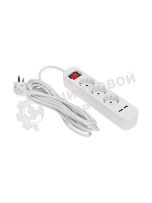 Удлинитель Rexant STANDARD 3 гнезда, 5 м, 3х1,0 мм², с/з, с выключателем, 2 USB, белый