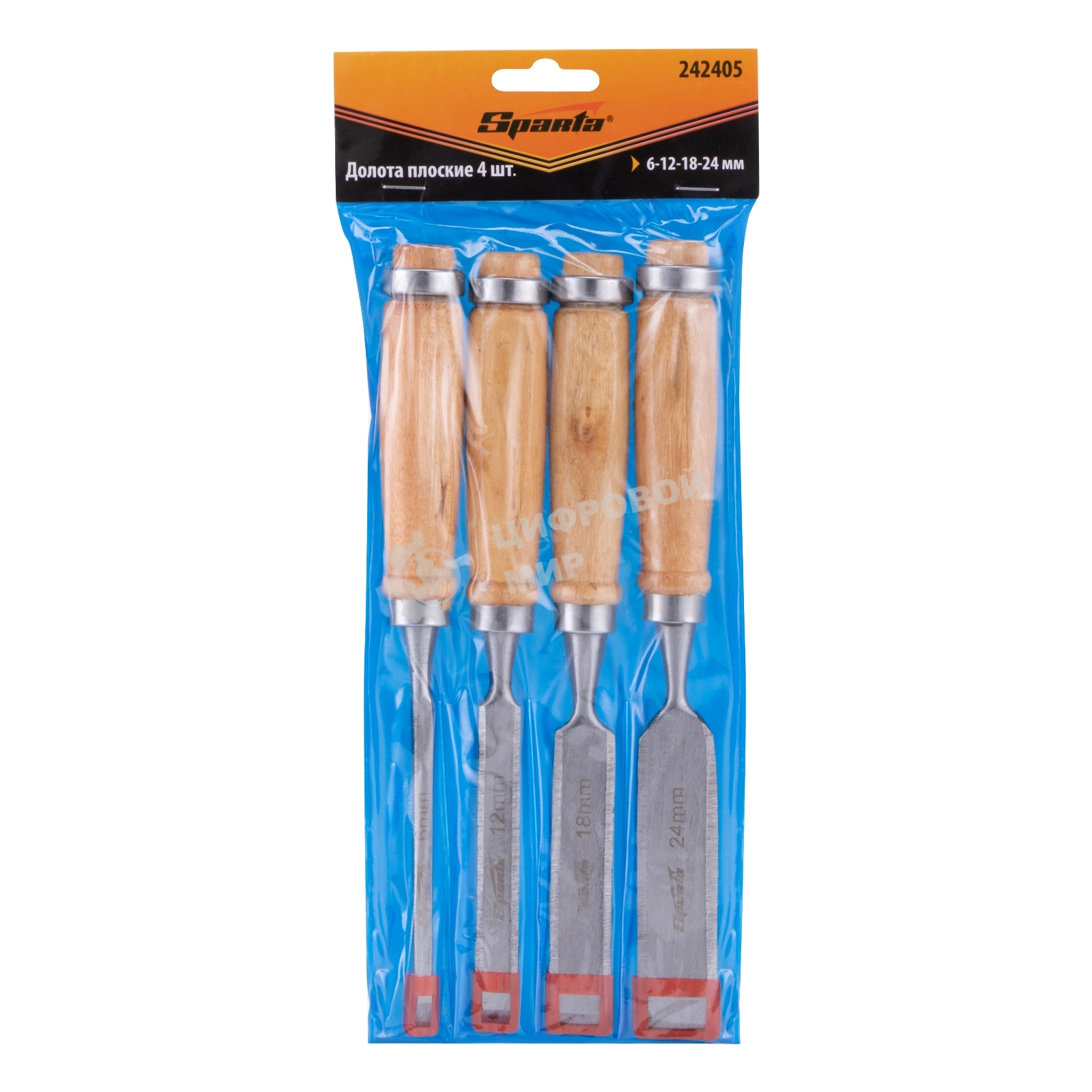 Набор долот-стамесок Sparta 6-12-18-24 мм, плоских, деревянные рукоятки