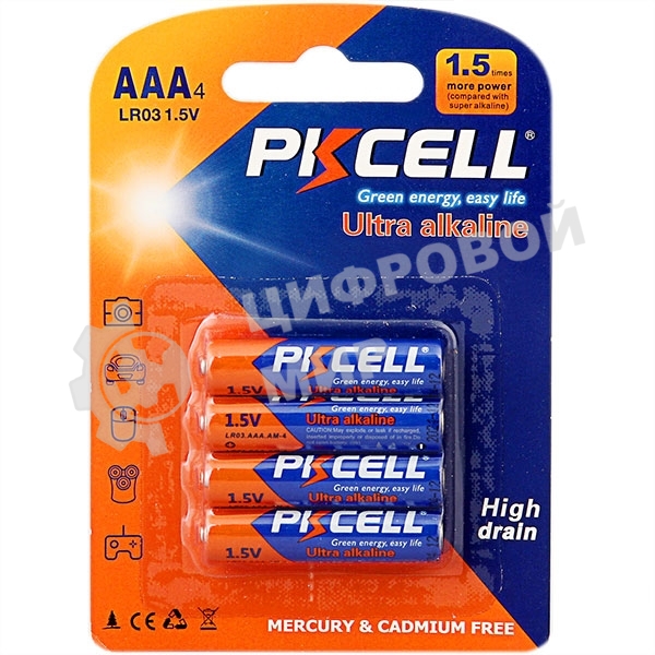 Щелочной/алкалиновый элемент питания PKCELL LR03-4B тип - AAА 4 шт в блистере