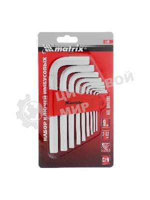 Набор ключей имбусовых Matrix HEX, 2–12 мм, CrV, 9 шт., короткие, сатин.