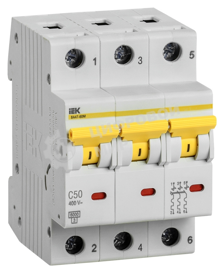 Выключатель автоматический трехполюсный ВА47-60M 3Р 50А 6кА С MVA31-3-050-C IEK