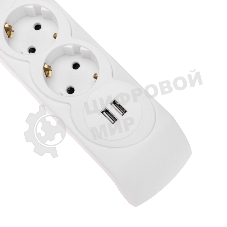 Сетевой фильтр 5 гнезд, 3м, 3х1,5мм², с автовыкл, 2 USB, белый Kranz