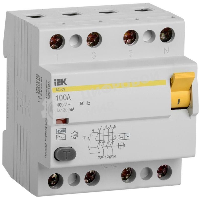 Выключатель автоматический дифференциального тока IEK 4п 100A 30mA тип AC ВД1-63 IEK MDV10-4-100-030